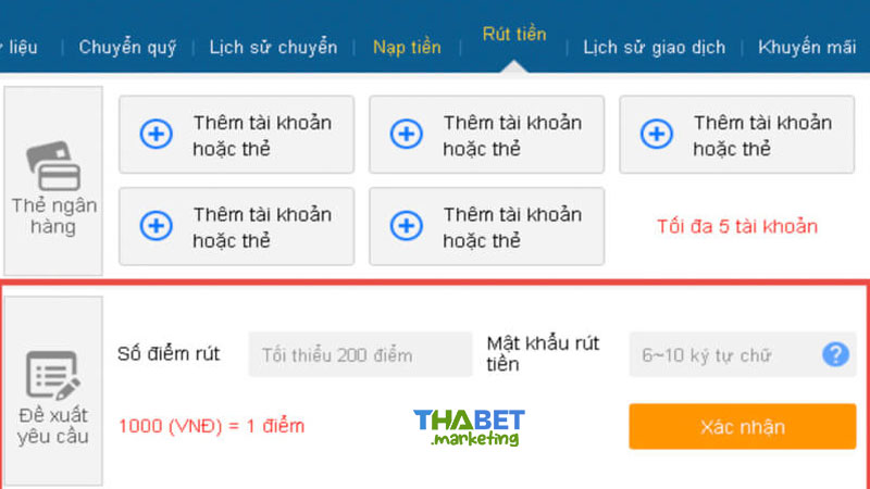 Điền số tiền cần rút tại Thabet